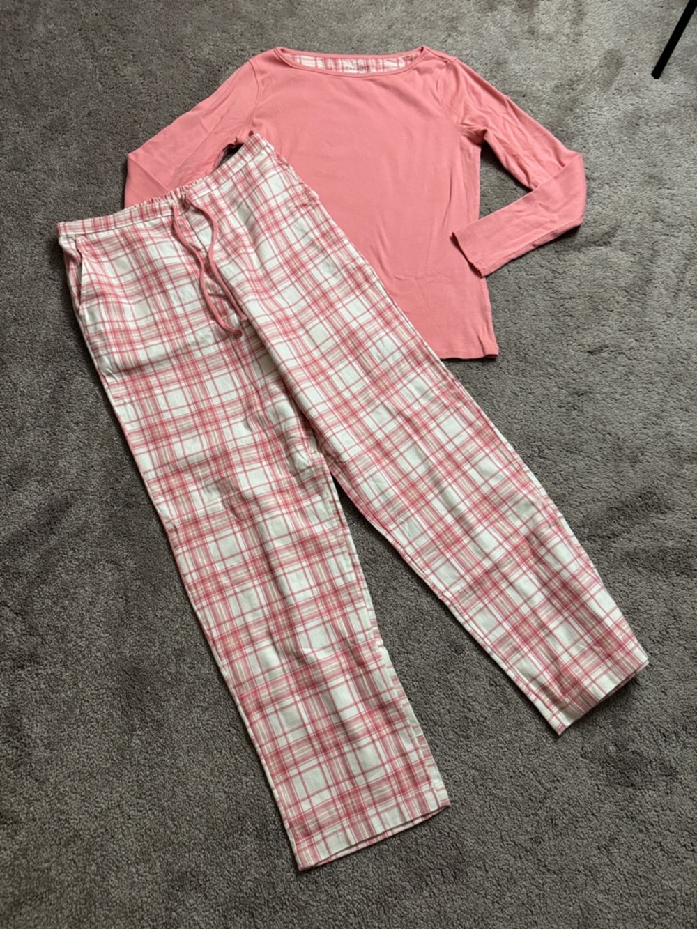 Talbots Pink Plaid Pajama Set Long Sleeve Top Drawstring Pants Cotton SIZE XS